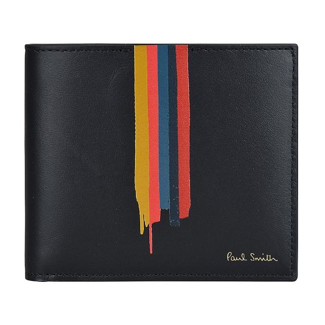 【Paul Smith】PAUL SMITH燙金LOGO條紋設計牛皮8卡對折短夾(黑x條紋)