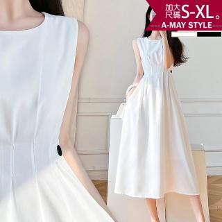 【艾美時尚】中大尺碼女裝 連身洋裝 優雅赫本風無袖洋裝。S-XL(2色.預購)