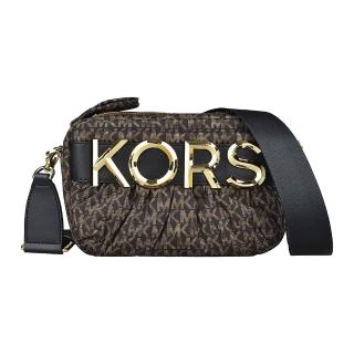 【Michael Kors】MK MICHAEL KORS LEONIE金字LOGO印花設計再生滌綸拉鍊斜背相機包(深褐)