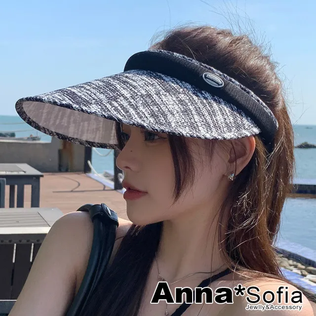 【AnnaSofia】遮陽防曬空頂帽鴨舌帽-小香呢風彈性寬箍 現貨(黑系)
