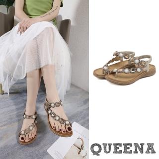 【QUEENA】平底涼鞋 夾腳涼鞋/復古民族風華麗寶石美鑽鑲嵌夾腳平底涼鞋(米)