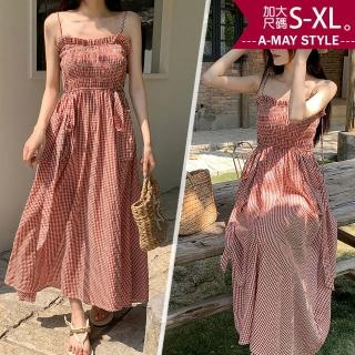 【艾美時尚】中大尺碼女裝 洋裝 花邊細肩帶格紋A字長洋裝。S-XL(格紋.預購)