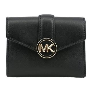 【Michael Kors】CARMEN 拼接皮革金色圓logo三摺壓扣式短夾(黑色)