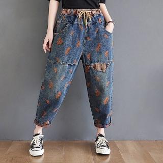 【巴黎精品】休閒褲棉麻長褲(單寧拼接刺繡九分減齡寬鬆大碼女褲子a1bj93)