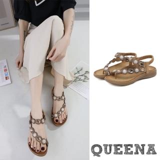 【QUEENA】平底涼鞋 夾腳涼鞋/復古民族風華麗寶石美鑽鑲嵌夾腳平底涼鞋(棕)