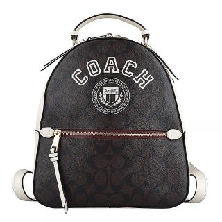 【COACH】Jordyn印花LOGO皮革鑲飾後背包(褐x白)