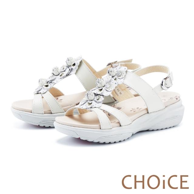 【CHOiCE】嚴選牛皮花朵點綴水鑽厚底涼鞋(米白)