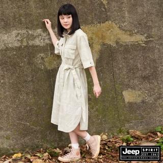 【JEEP】女裝 復古圖騰舒適休閒洋裝(米白)