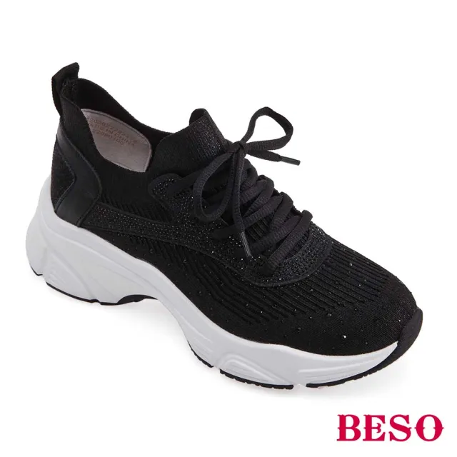 【A.S.O 阿瘦集團】BESO輕量飛織燙鑽綁帶休閒鞋-女款(黑色)