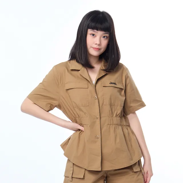 【JEEP】女裝 縮腰設計簡約短袖襯衫(卡其)