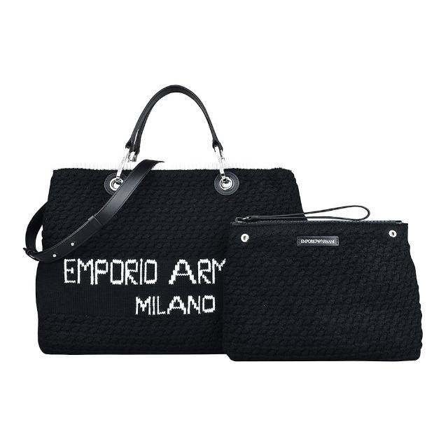 【EMPORIO ARMANI】EMPORIO ARMANI MY EA白字LOGO針織羊毛釦式兩用子母托特包(黑)