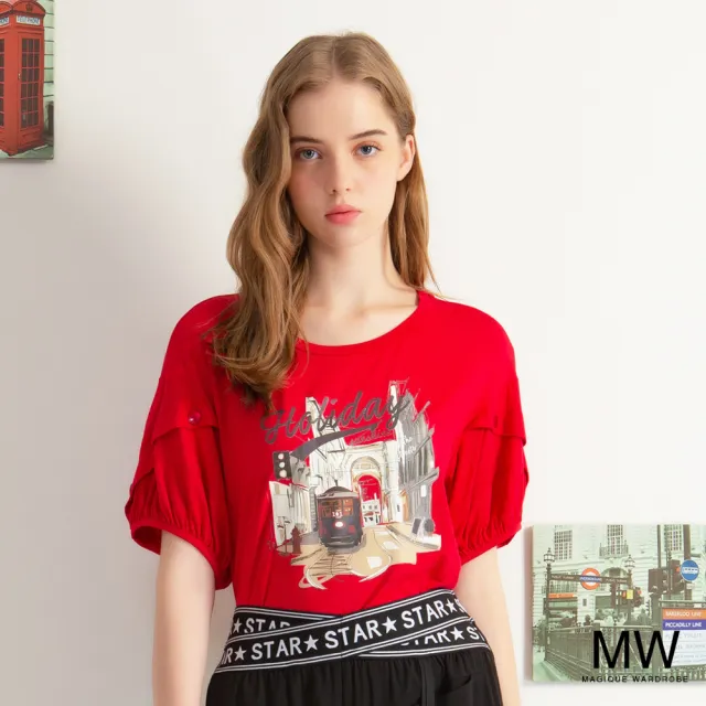【MAGIQUE WARDROBE】荷葉袖釦飾印花短袖上衣(2色)