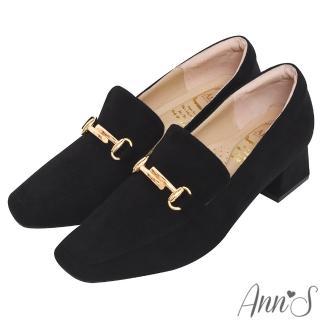 【Ann’S】手工MIT氣質T型金釦防水絨布粗跟樂福鞋5cm(黑)