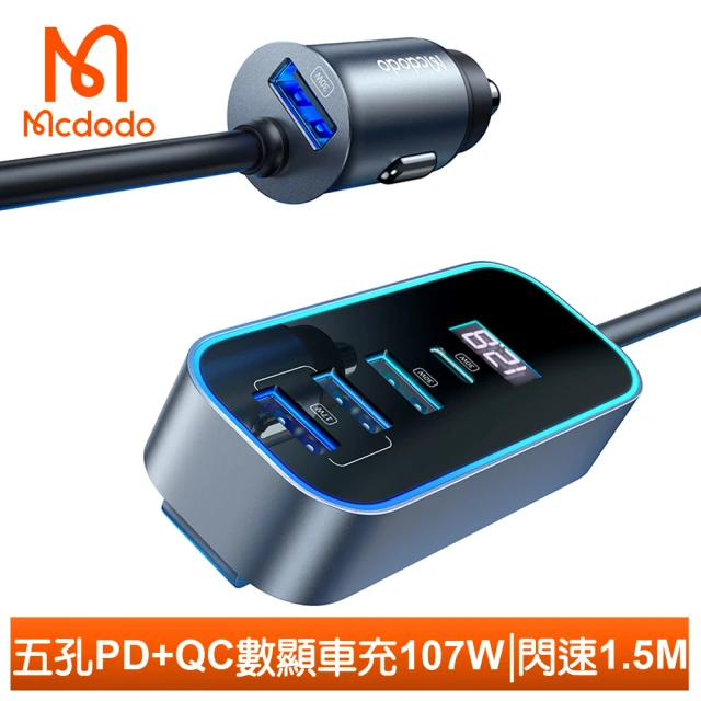 Mcdodo 麥多多 5孔 107W快充 PD+QC車用充電器點菸器車充數顯充電頭 閃速 1.5M