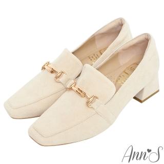 【Ann’S】手工MIT氣質T型金釦防水絨布粗跟樂福鞋5cm(米)