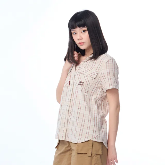 【JEEP】女裝 復古休閒格紋短袖襯衫(卡其)