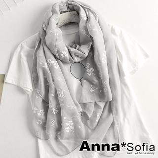 【AnnaSofia】柔軟棉麻感披肩圍巾-蕾絮絨花 現貨(灰系)