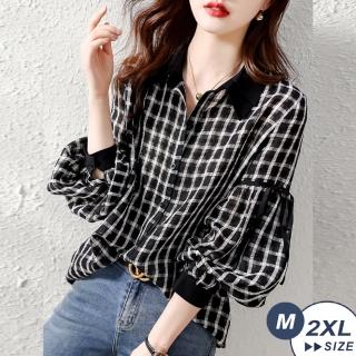 【LANNI 藍尼】現貨 韓版印花格紋燈籠袖上衣※(拼接/長袖/襯衫/售完不補)