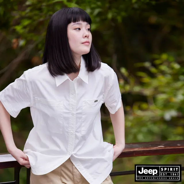 【JEEP】女裝 舒適休閒造型短袖襯衫(白色)