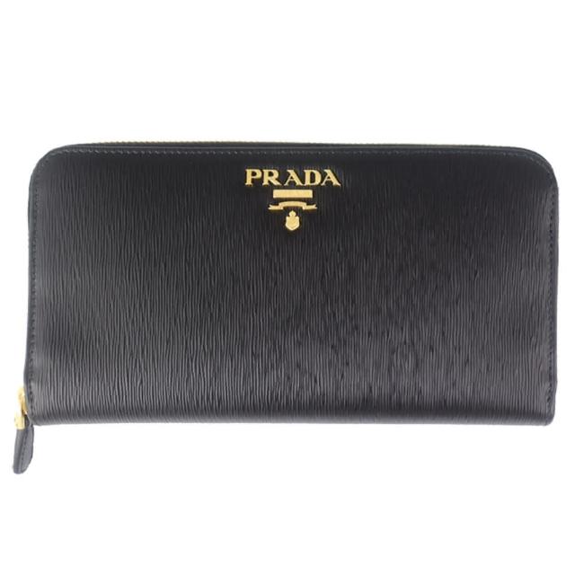 【PRADA 普拉達】品牌標誌直紋皮革拉鍊長夾款(黑色/12卡)