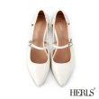【HERLS】低跟鞋-氣質全真皮尖頭鏤空瑪莉珍低跟鞋(白色)