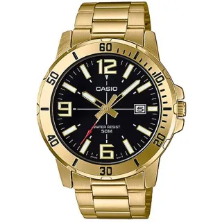 【CASIO 卡西歐】耀眼風潮不鏽鋼腕錶/金x黑面 刻度款(MTP-VD01G-1B)