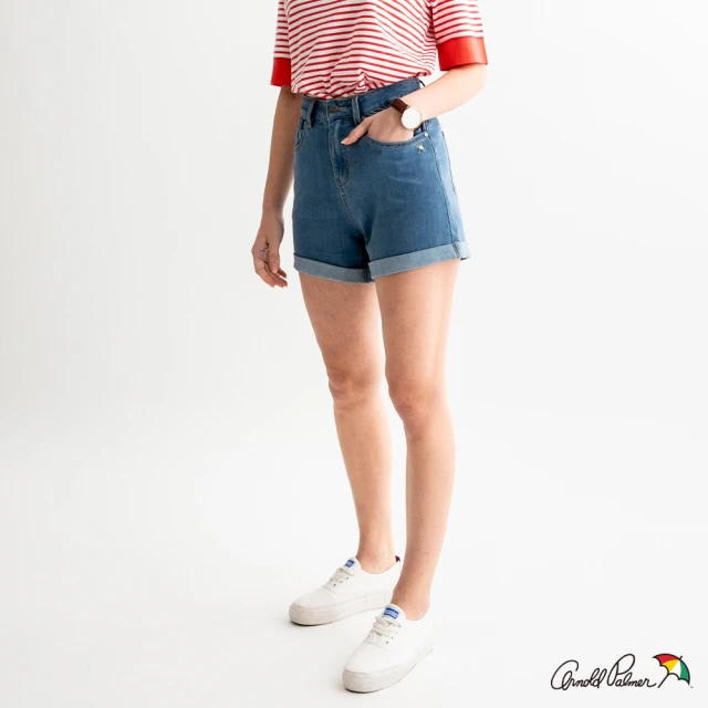 【Arnold Palmer 雨傘】女裝-涼感紗褲口反折寬鬆版牛仔短褲(深藍色)