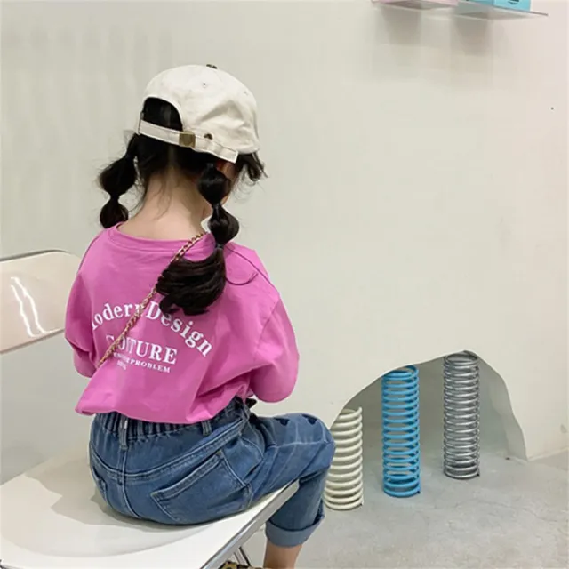 【安朵童舖】現貨韓版兒童純色字母短袖上衣男童女童短袖字母T恤寶寶簡約純色上衣後背字母短袖上衣(014)