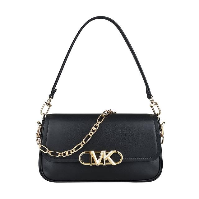 【Michael Kors】MK MICHAEL KORS PARKER金字LOGO牛皮磁釦式鏈帶肩背包(中/黑)