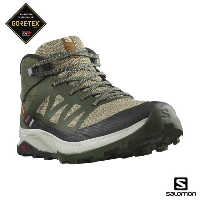【salomon官方直營】男 OUTRISE Goretex 中筒登山鞋(橄欖綠/灰白/甜杏褐)