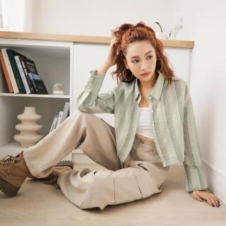 【OB 嚴選】棉麻混紡直條紋收腰綁帶短版襯衫罩衫 《AB18048》