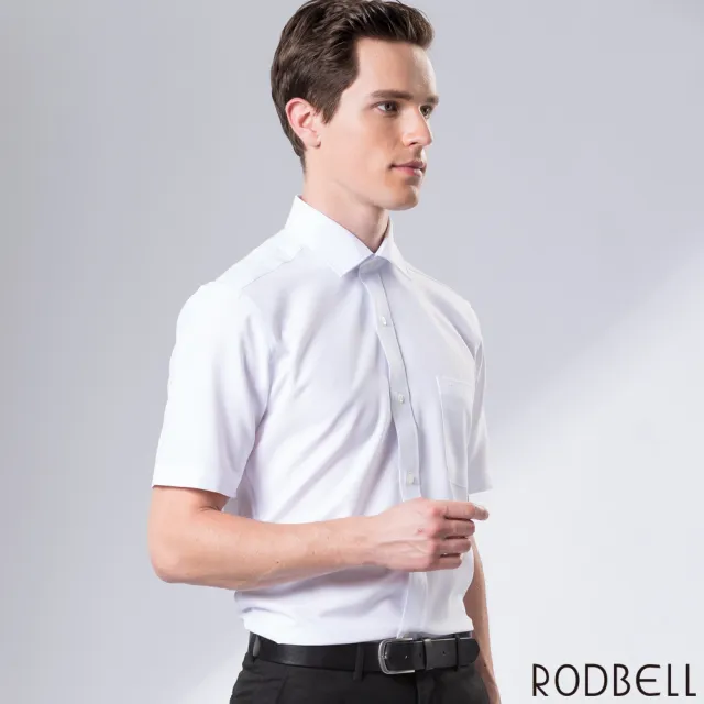 【RODBELL 羅德貝爾】白色素面短袖修身襯衫(抗皺、吸濕排汗、聚酯纖維、修身襯衫)