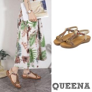 【QUEENA】平底涼鞋 縷空涼鞋/復古民族風手工串珠縷空線繩造型平底涼鞋(杏)