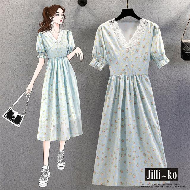 【JILLI-KO】蕾絲V領鄉村碎花收腰顯瘦短袖連衣裙-F(淺藍)