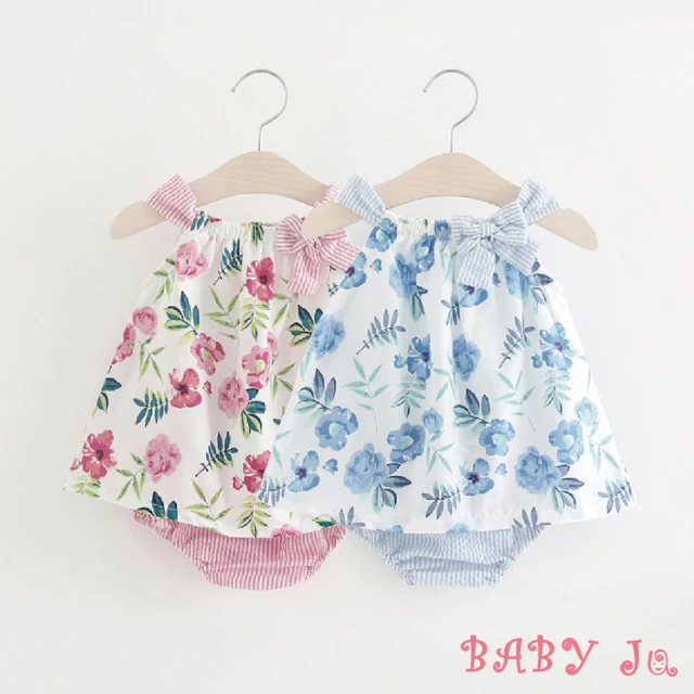 【BABY Ju 寶貝啾】嬰幼兒花朵印花蝴蝶結裙套裝(粉色 / 藍色)
