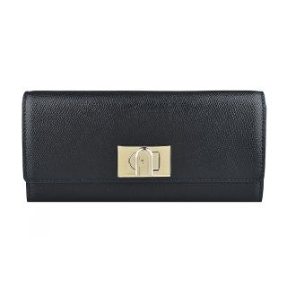 【FURLA 芙拉】FURLA 1927金字LOGO荔枝紋設計防刮牛皮10卡旋扣式長夾(黑)