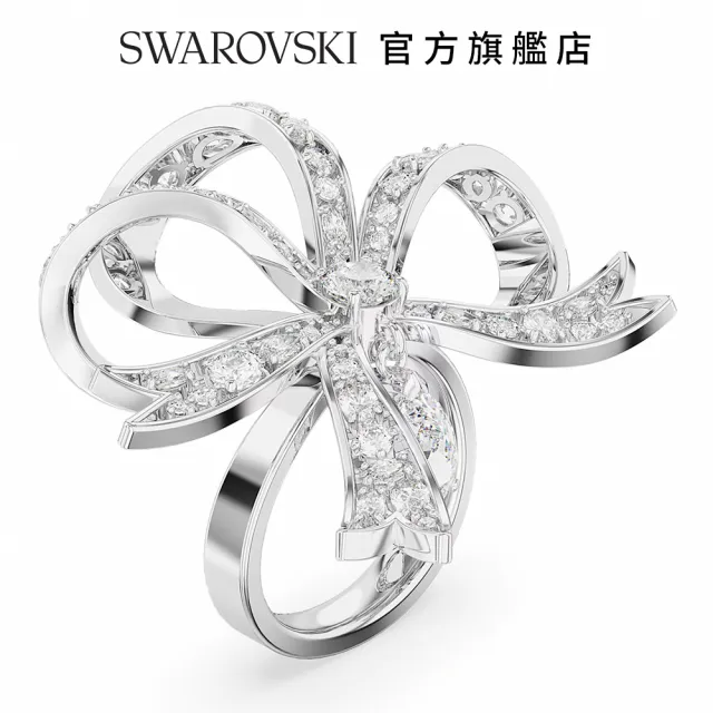 【SWAROVSKI 官方直營】Volta 個性戒指 蝴蝶結 大 白色 鍍白金色 交換禮物