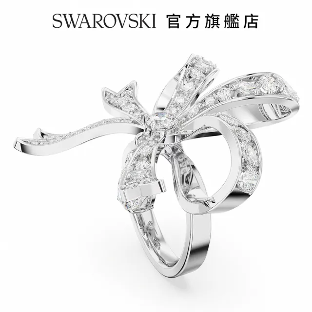 【SWAROVSKI 官方直營】Volta 個性戒指 蝴蝶結 大 白色 鍍白金色 交換禮物