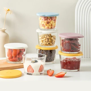 【Dagebeno荷生活】食品級材質圓形玻璃保鮮盒 冰箱冷藏水果點心優格分裝飯盒(4入)