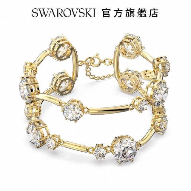 【SWAROVSKI 官方直營】Constella 雙圈手鐲 圓形切割  白色  鍍金色色調 交換禮物