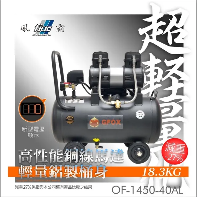 【風霸 GFOX】贈風管+風槍 超輕量鋁合金全銅線無油式快速型110V空壓機(3.5HP 40AL)