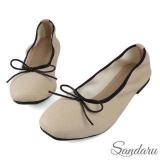 【SANDARU 山打努】娃娃鞋 法式荔枝紋細繩結平底鞋(杏)