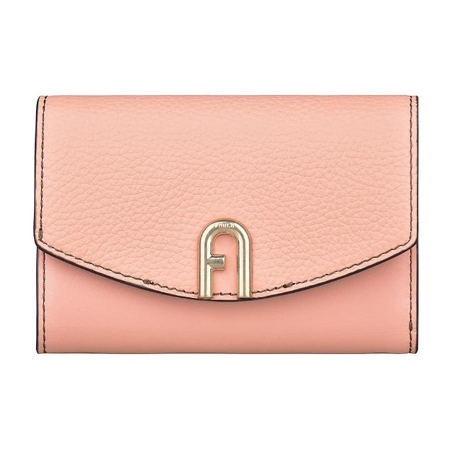 【FURLA 芙拉】FURLA Primula金字LOGO荔枝紋/滑面拼接牛皮8卡扣式中夾(粉)