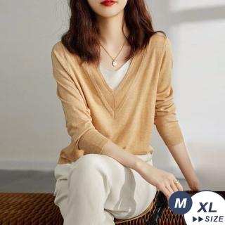 【LANNI 藍尼】現貨 氣質假兩件V領長袖針織衫※(通勤/顯瘦/百搭/售完不補)