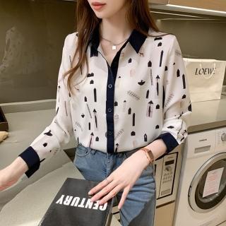 【baibeauty 白鳥麗子】百搭拼色印花雪紡長袖上衣(襯衫)