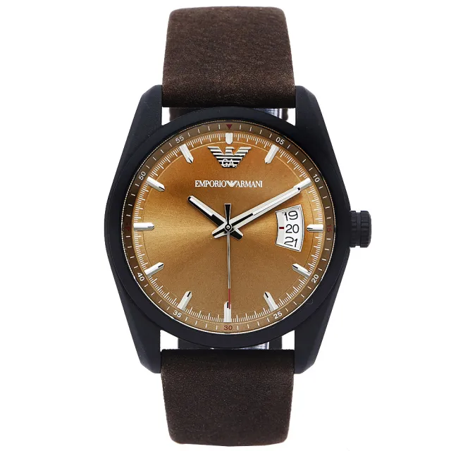 【EMPORIO ARMANI】Sportivo 知性時尚風日期顯示手錶-青古銅色面x咖啡色/42mm(AR6081)