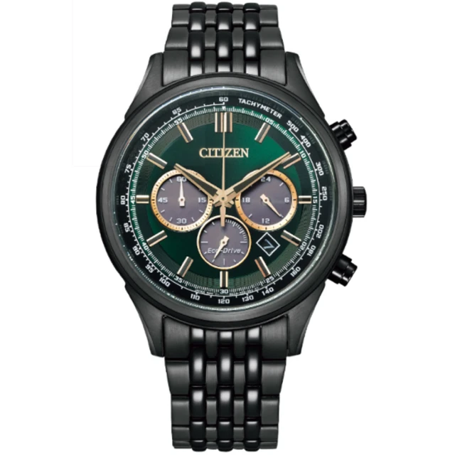 【CITIZEN 星辰】情人節推薦款 時尚質感光動能三眼計時腕錶 / 綠色面 41.7mm(CA4418-82X)
