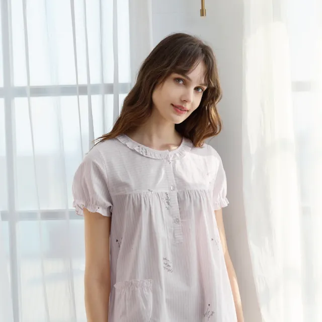 【La Felino 羅絲美】愛情條約100%純棉半開釦短袖洋裝睡衣(R3119)