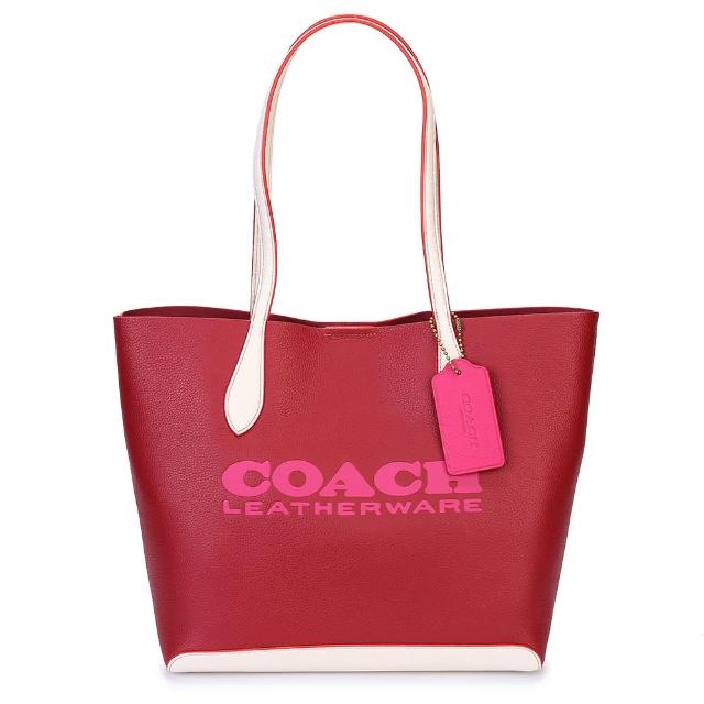 【COACH】Kia 經典大LOGO撞色拼接荔枝紋皮革肩背托特包(紅/白色)