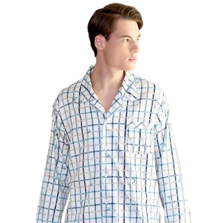 【Wacoal 華歌爾】睡衣-男士家居系列 M-LL國民領幾何格紋印花褲裝 LWZ74731GY(紳士藍)